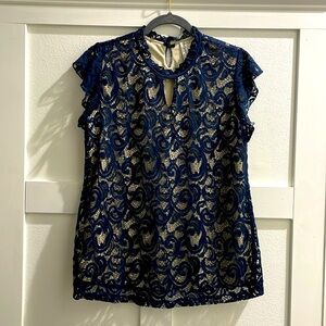 PerSeption Concept Women’s Blouse Medium Navy & Ivory Lace Eyelet Overlay Size L